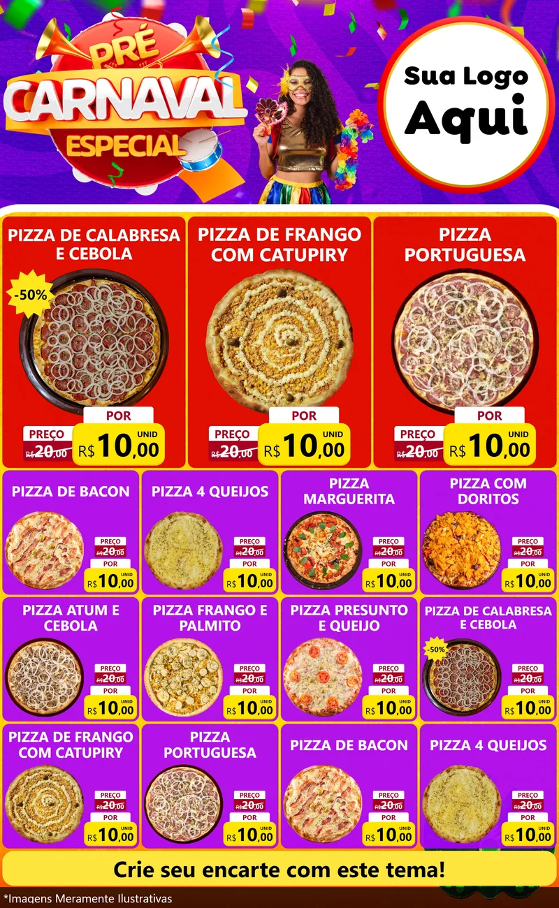 Modelo de Encarte para Encarte Grande com o tema Pré-Carnaval Especial para Pizzaria