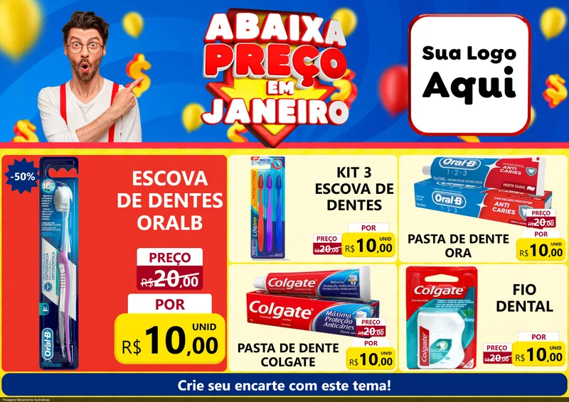 Modelo de Encarte para Encarte A4 Horizontal com o tema Abaixa Preço em Janeiro para Higiene Pessoal