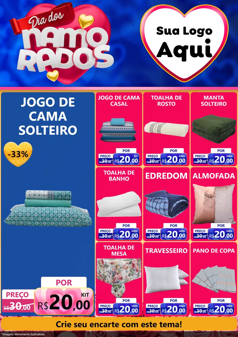 Modelo de Encarte para Encarte A4 Vertical com o tema Dia dos namorados para Cama, Mesa e Banho
