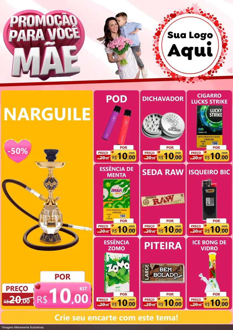 Modelo de Encarte para Encarte A4 Vertical com o tema Promoção Para Você Mãe para Tabacaria