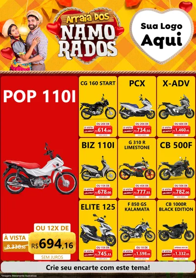 Modelo de Encarte para Encarte A4 Vertical com o tema Arraiá dos Namorados para Concessionaria de Motos