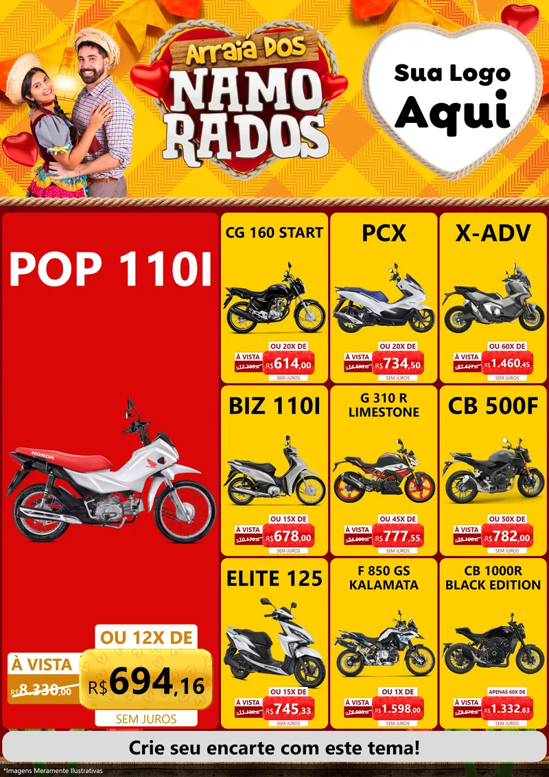 Modelo de Encarte para Encarte A4 Vertical com o tema Arraiá dos Namorados para Concessionaria de Motos