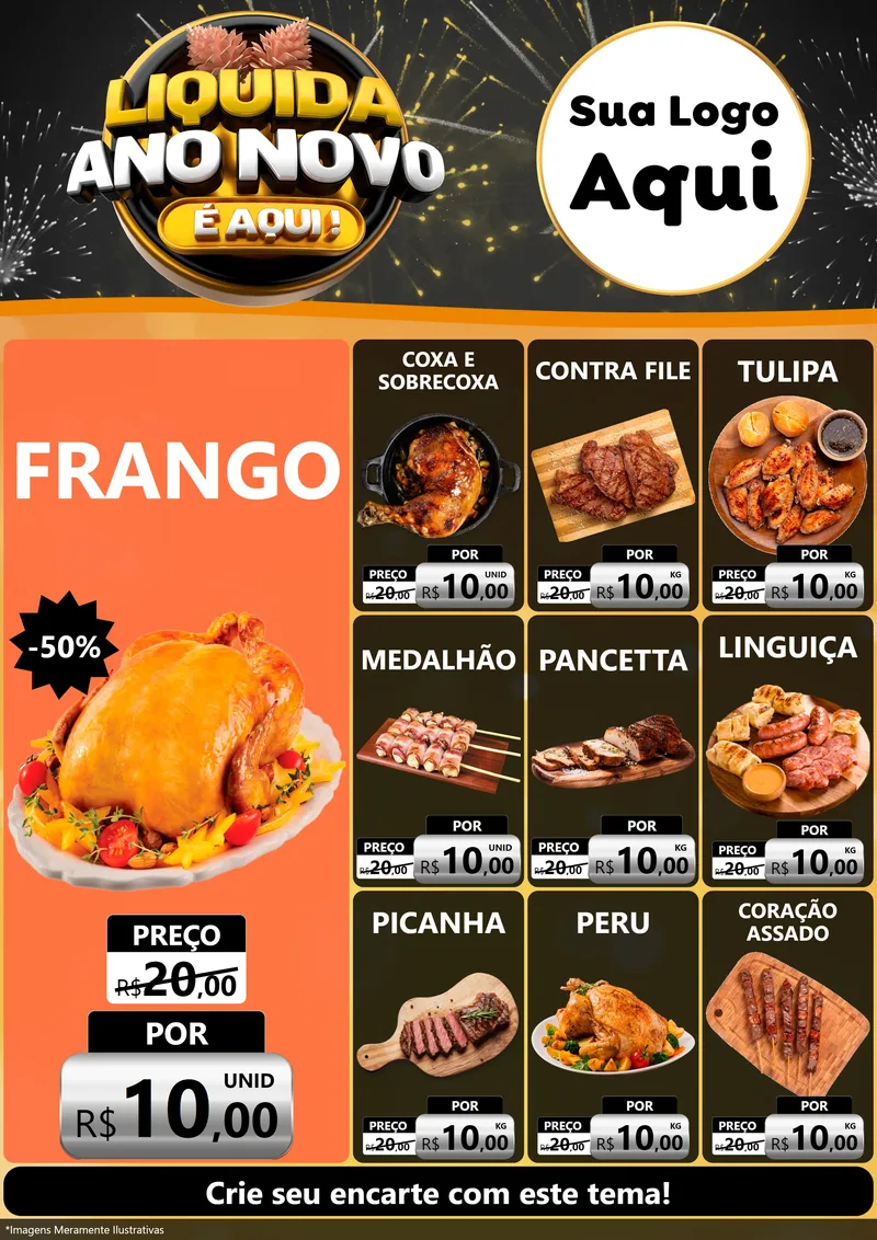 Modelo de Encarte para Encarte A4 Vertical com o tema Liquida Ano Novo É Aqui! para Assados