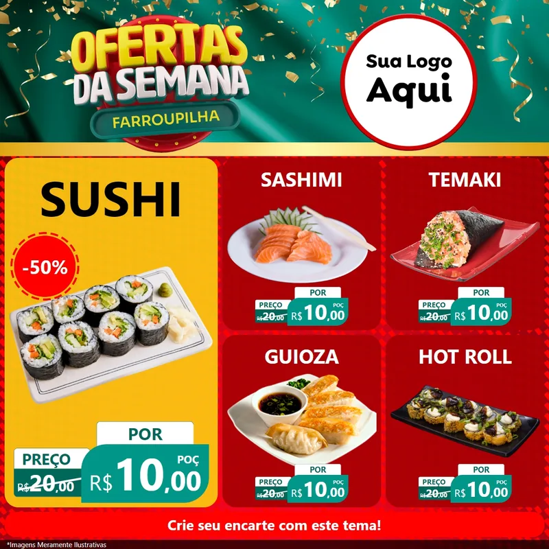 Modelo de Rede Social para Feed Facebook com o tema Ofertas da Semana Farroupilha para Comida japonesa