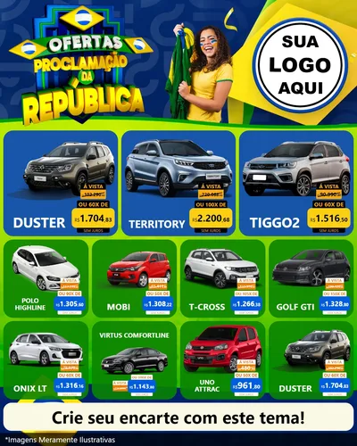 Modelo de Rede Social para Feed Instagram com o tema Ofertas Proclamação da República para Concessionaria de Carros