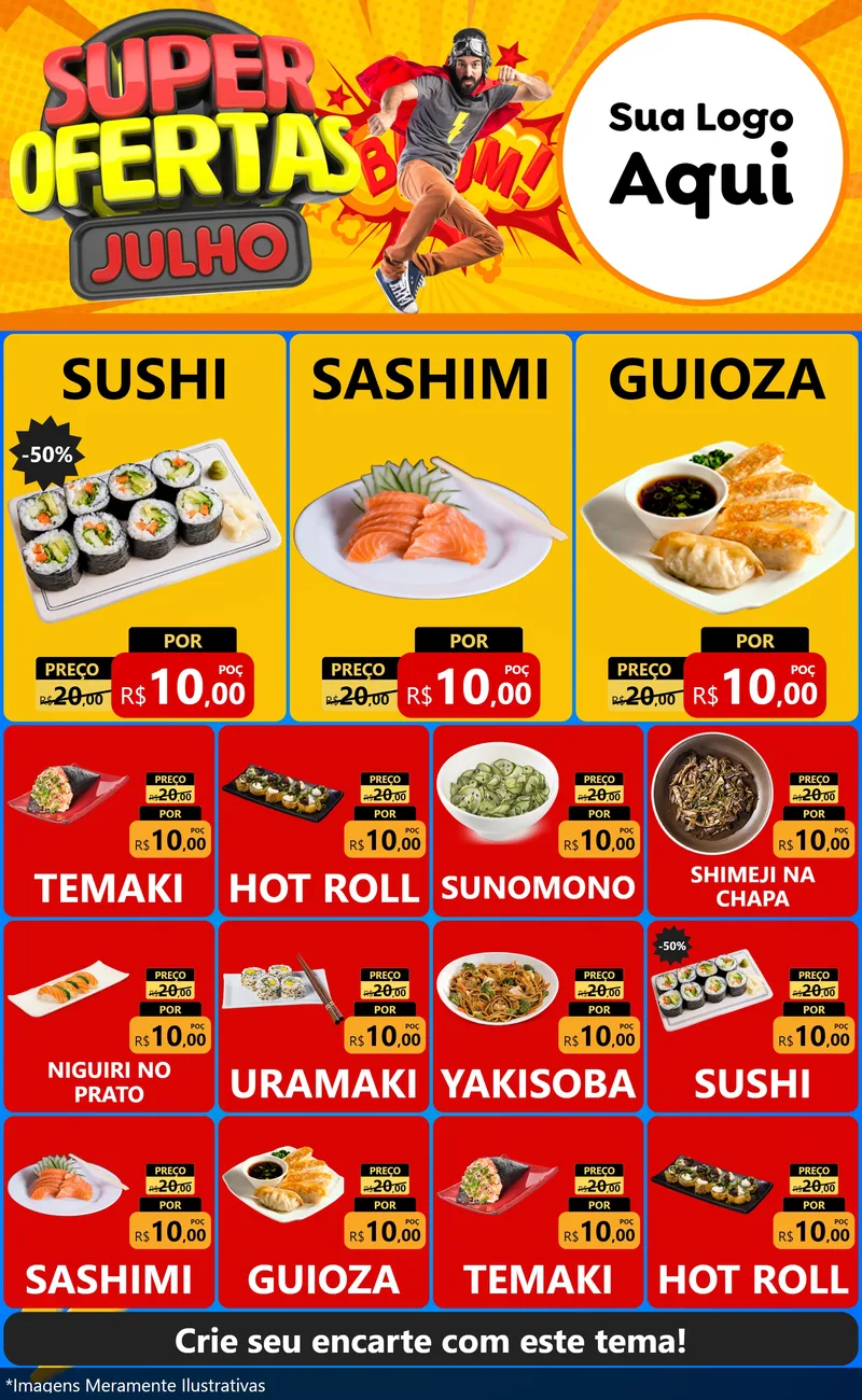 Modelo de Encarte para Encarte Grande com o tema Super Ofertas Julho para Comida japonesa