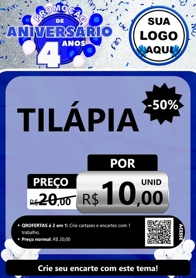 Modelo de Cartaz para Cartaz A4 Vertical com o tema Promoção de Aniversário - 4 Anos para Peixaria