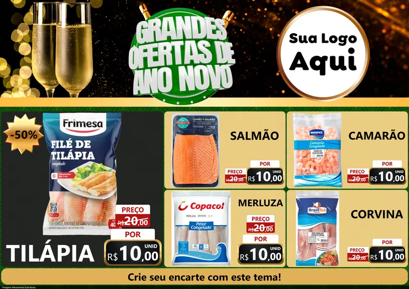 Modelo de Encarte para Encarte A4 Horizontal com o tema Grandes Ofertas de Ano Novo para Peixaria