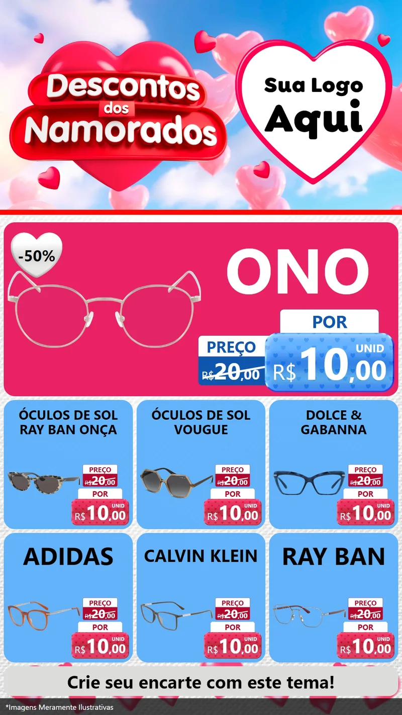 Modelo de Rede Social para Stories com o tema Descontos dos Namorados para Óticas