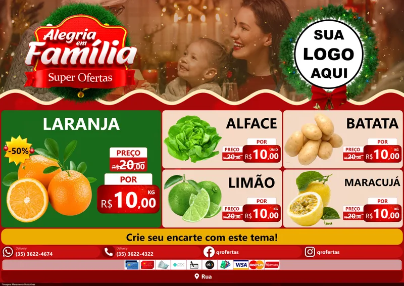 Modelo de Encarte para Encarte A4 Horizontal com o tema Alegria Em Família - Super Ofertas para Hortifrúti