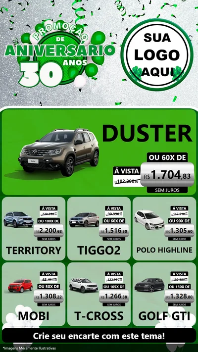Modelo de Rede Social para Stories com o tema Promoção de Aniversário - 30 Anos para Concessionaria de Carros