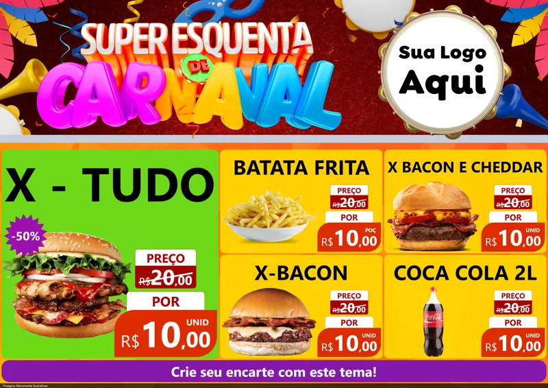 Modelo de Encarte para Encarte A4 Horizontal com o tema Super Esquenta de Carnaval para Hamburgueria