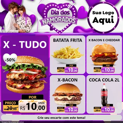 Modelo de Rede Social para Feed Facebook com o tema Dia dos Namorados para Hamburgueria