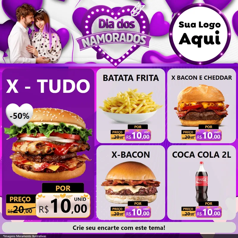 Modelo de Rede Social para Feed Facebook com o tema Dia dos Namorados para Hamburgueria