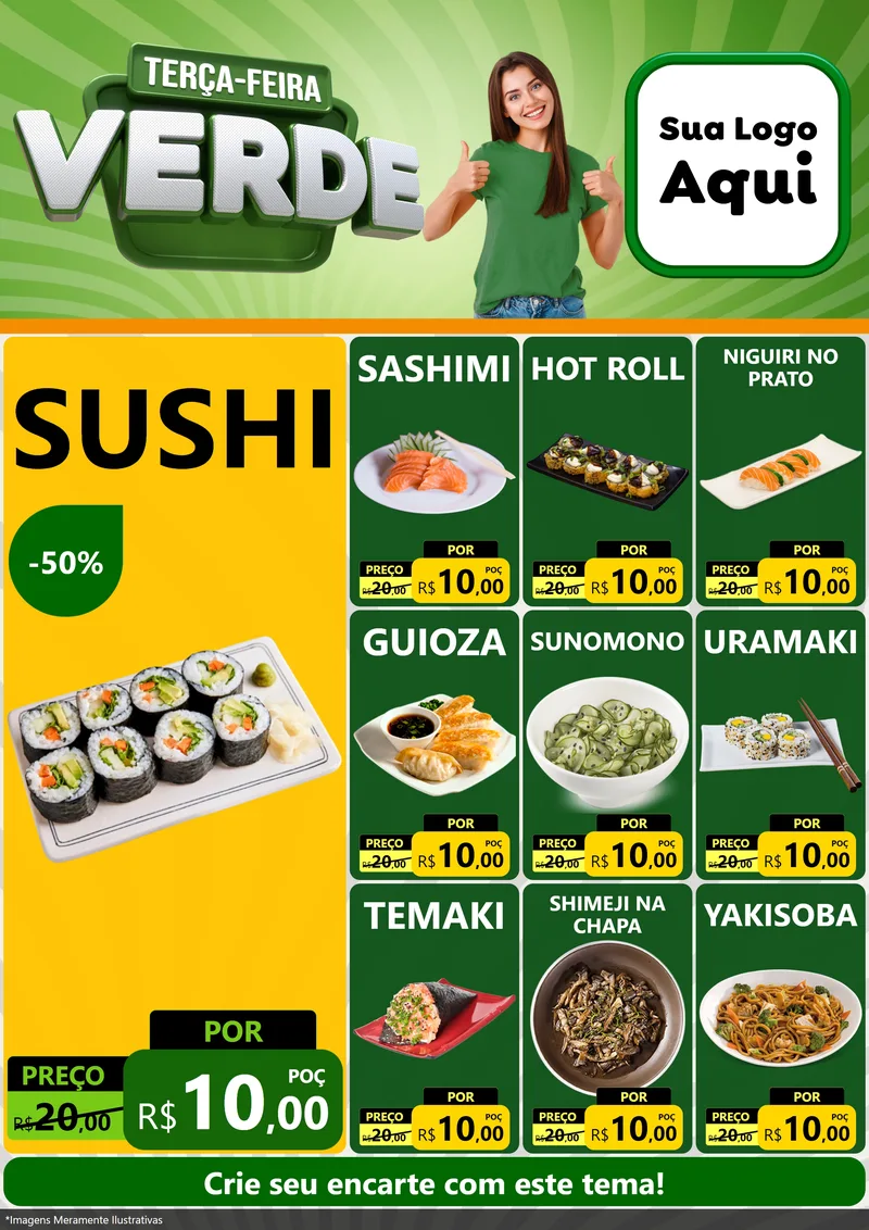 Modelo de Encarte para Encarte A4 Vertical com o tema Terça - Feira Verde para Comida japonesa