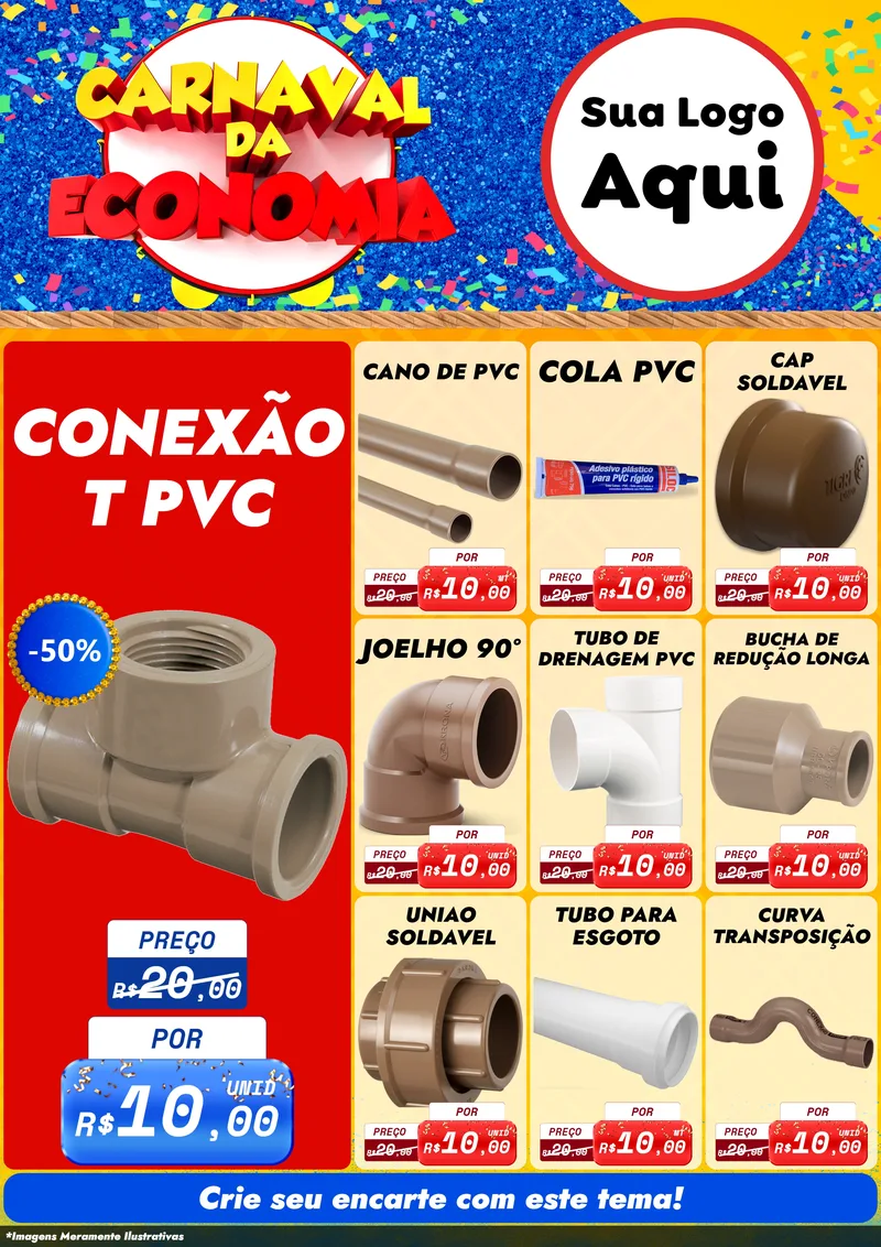 Modelo de Encarte para Encarte A4 Vertical com o tema Carnaval da Economia para Tubos e conexões