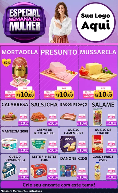 Modelo de Encarte para Encarte Grande com o tema Especial Semana da Mulher para Frios e Laticínios