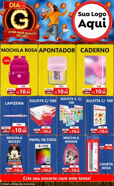 Modelo de Encarte para Encarte Grande com o tema Dia G - O Dia Mais Barato Do Mês para Papelaria