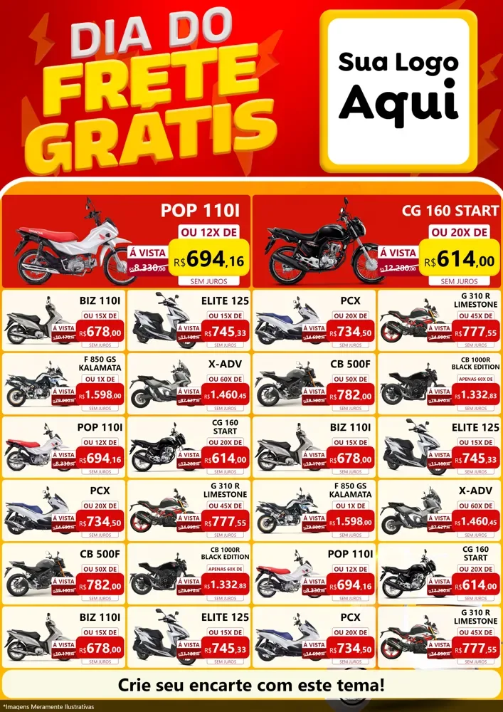 Modelo de Encarte para Encarte A4 Vertical com o tema Dia do Frete Grátis para Concessionaria de Motos