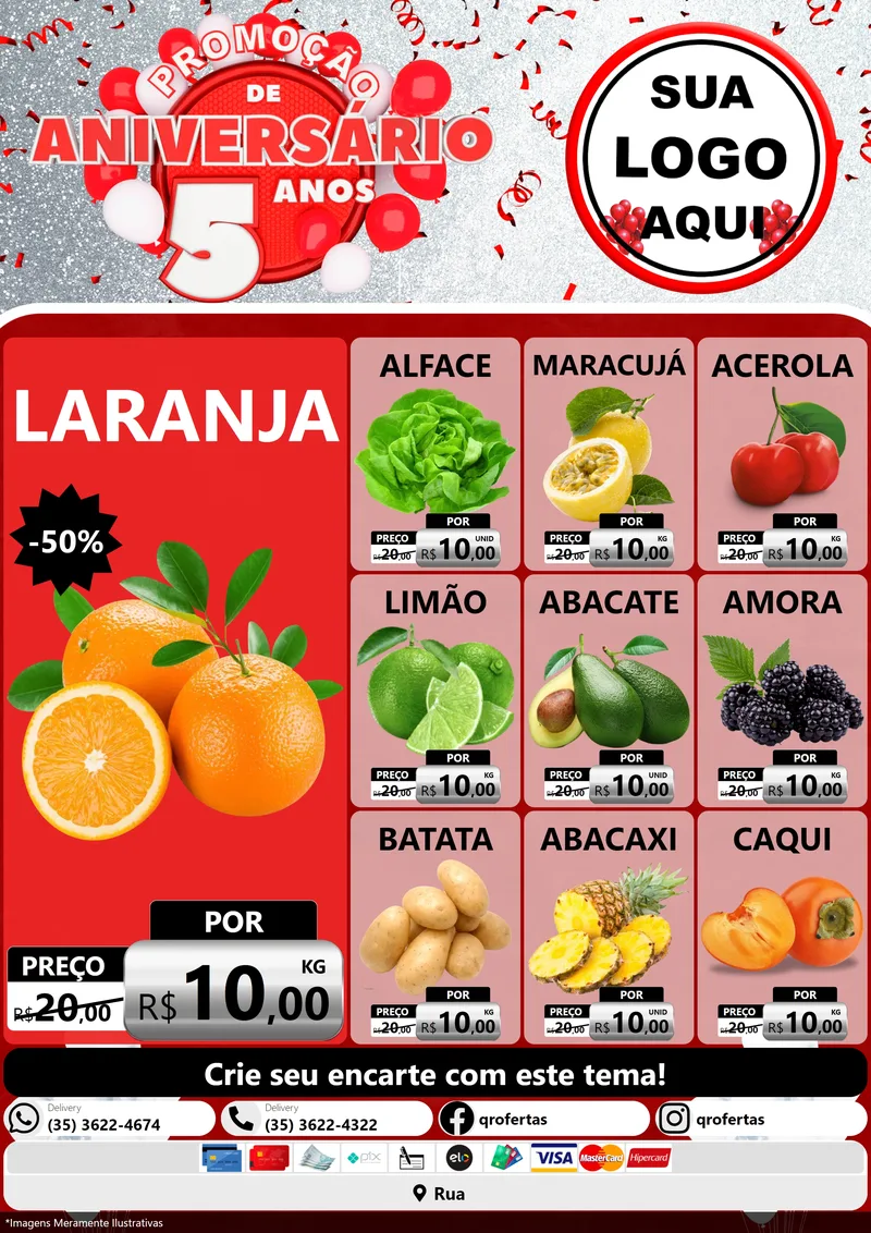 Modelo de Encarte para Encarte A4 Vertical com o tema Promoção de Aniversário - 5 Anos para Hortifrúti