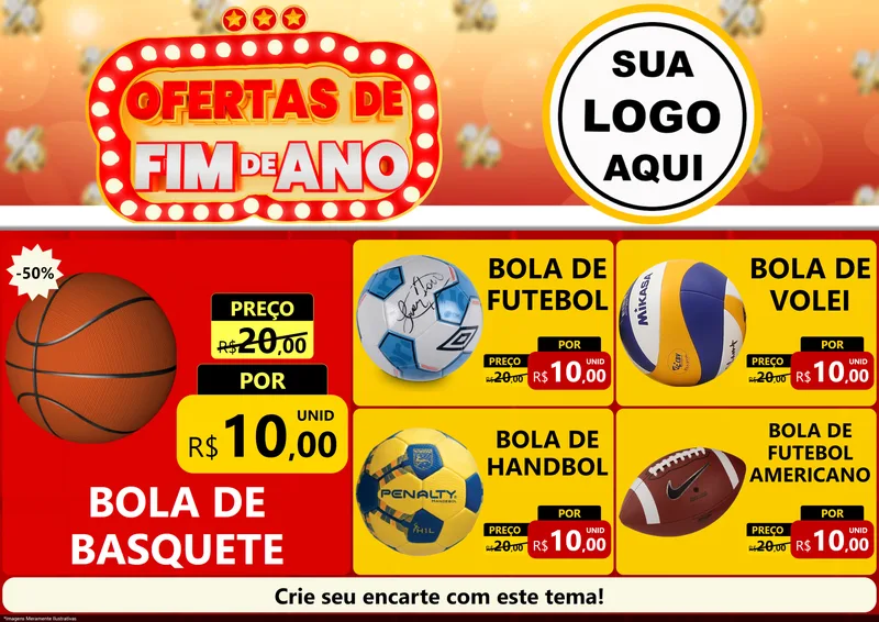 Modelo de Encarte para Encarte A4 Horizontal com o tema Ofertas de Fim de Ano para Artigos Esportivos