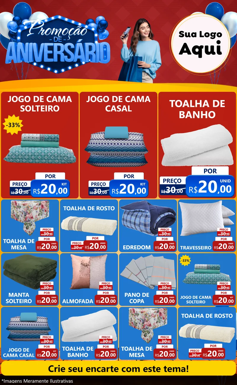 Modelo de Encarte para Encarte Grande com o tema Promoção de Aniversário para Cama, Mesa e Banho
