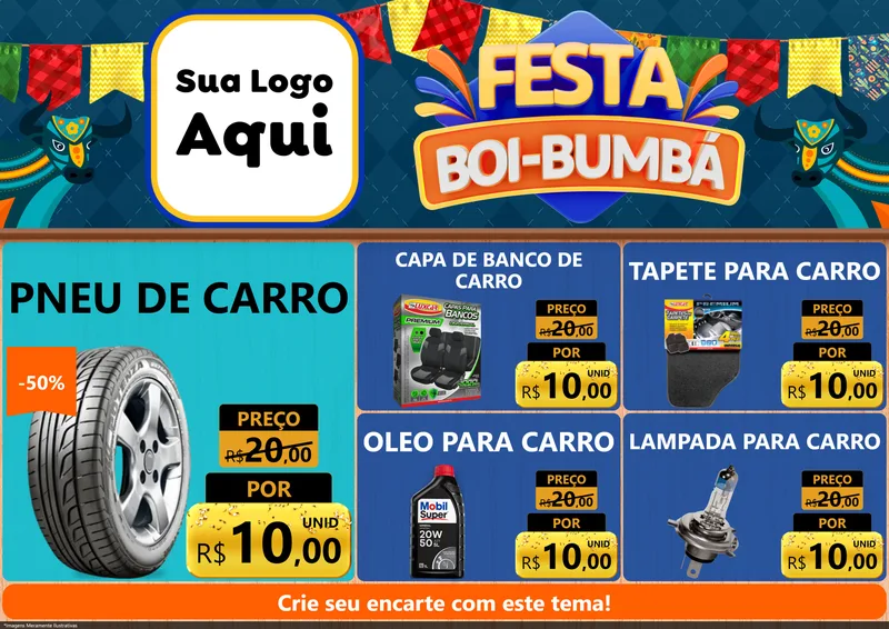 Modelo de Encarte para Encarte A4 Horizontal com o tema Festa Boi Bumbá para Auto peças
