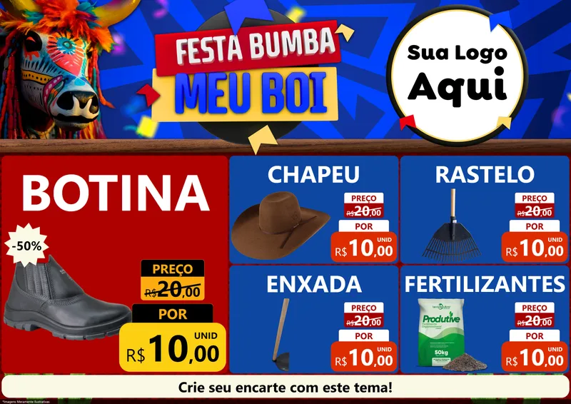 Modelo de Encarte para Encarte A4 Horizontal com o tema Festa Bumba meu Boi para Agropecuária