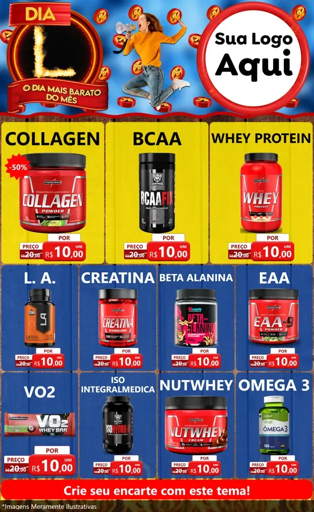 Modelo de Encarte para Encarte Grande com o tema Dia L - O Dia Mais Barato Do Mês para Suplementos alimentares