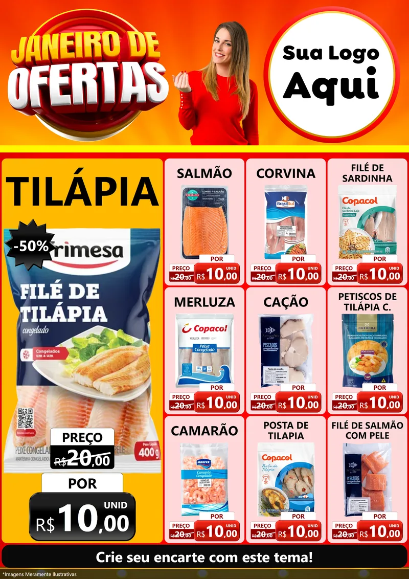 Modelo de Encarte para Encarte A4 Vertical com o tema Janeiro de Ofertas para Peixaria