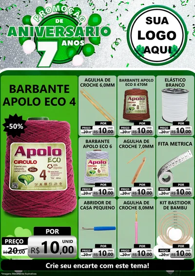 Modelo de Encarte para Encarte A4 Vertical com o tema Promoção de Aniversário - 7 Anos para Armarinho e Aviamentos