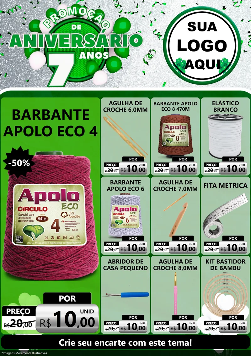 Modelo de Encarte para Encarte A4 Vertical com o tema Promoção de Aniversário - 7 Anos para Armarinho e Aviamentos