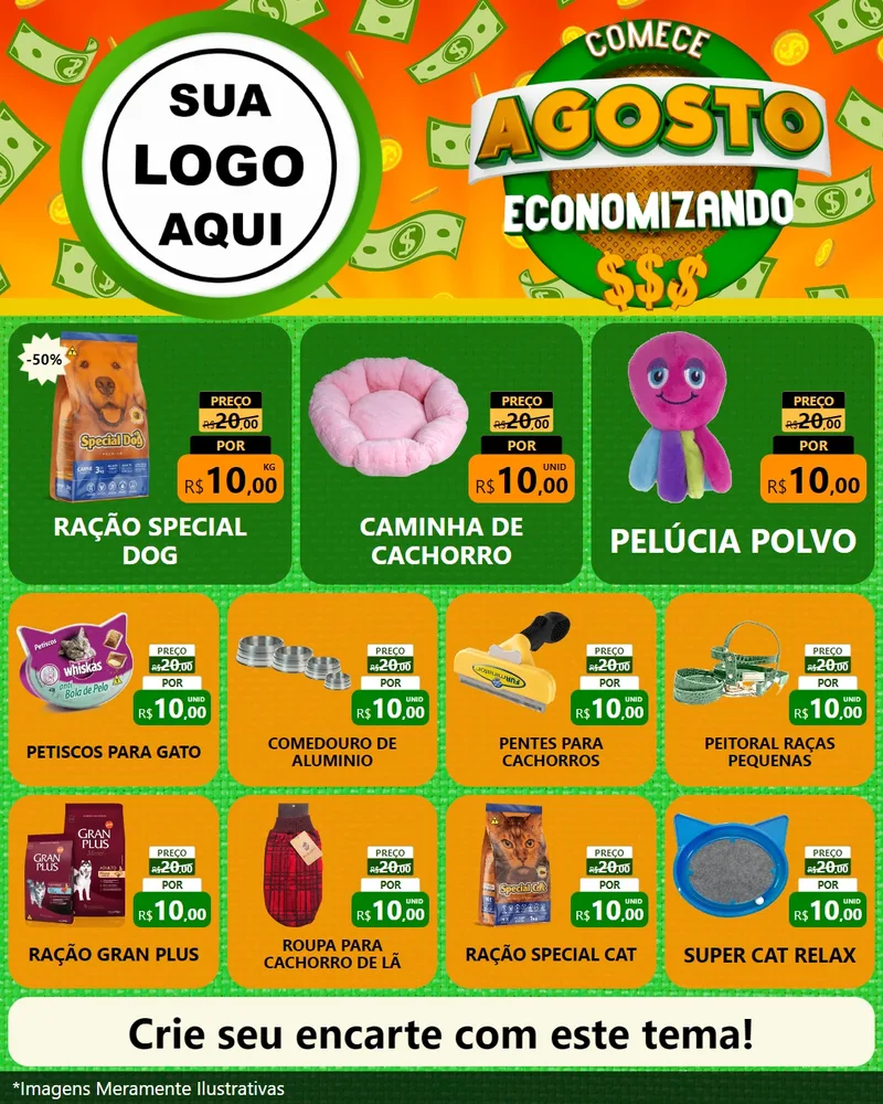 Modelo de Rede Social para Feed Instagram com o tema Comece Agosto Economizando para Pet Shop