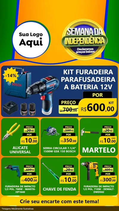 Modelo de Rede Social para Stories com o tema Semana da Independência Declaramos Preços Baixos para Maquinas e Ferramentas