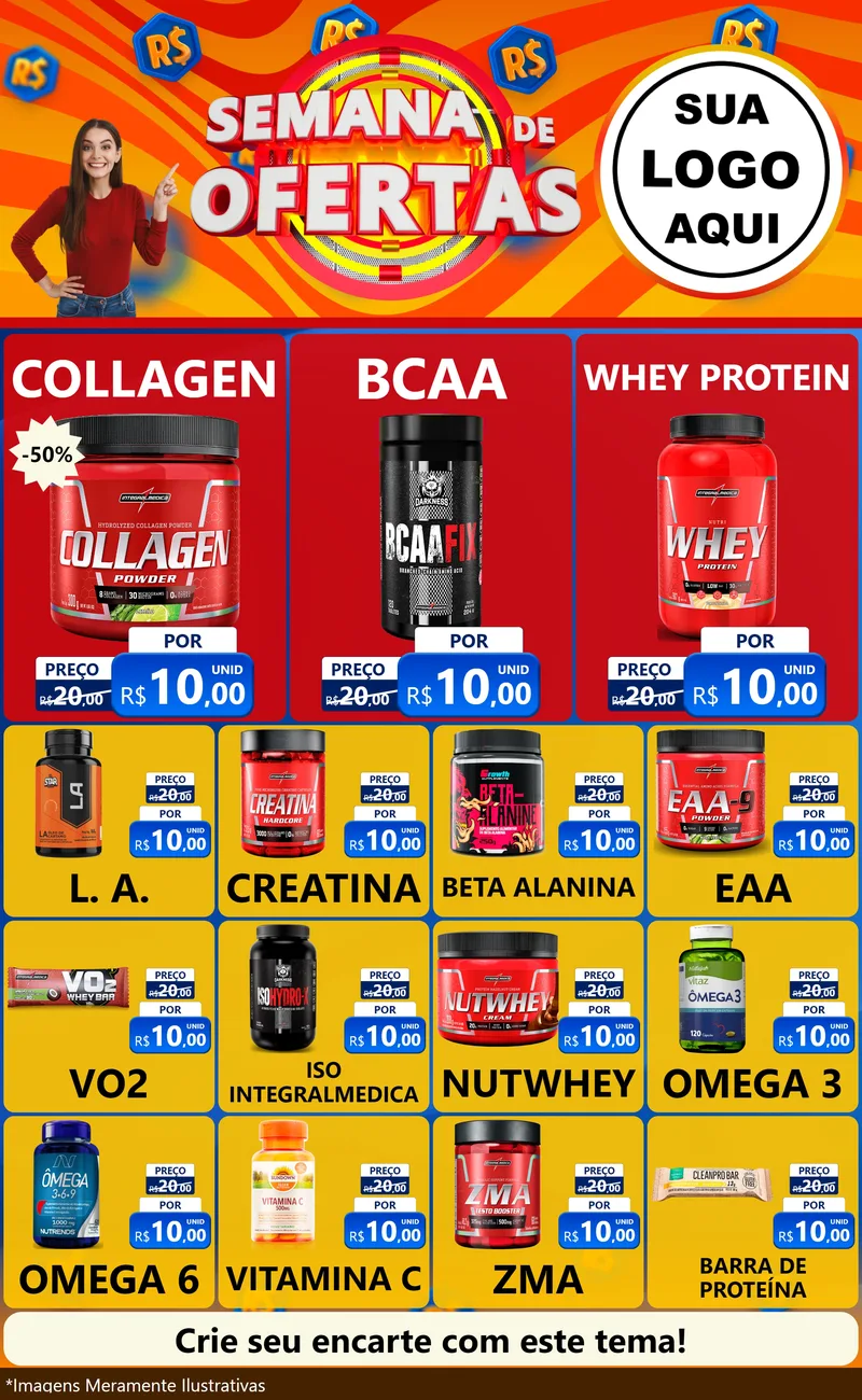 Modelo de Encarte para Encarte Grande com o tema Semana de Ofertas para Suplementos alimentares