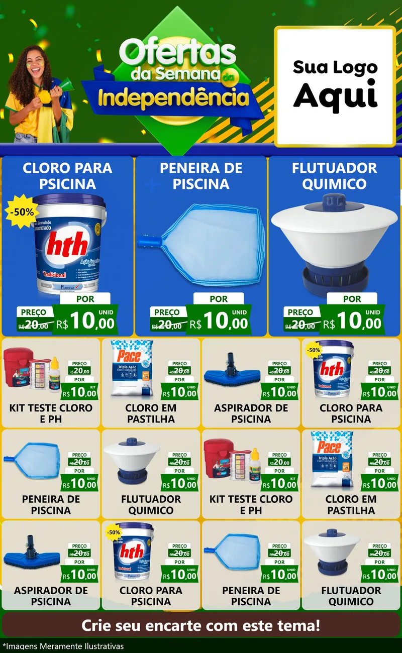 Modelo de Encarte para Encarte Grande com o tema Ofertas da Semana da Independência para Produtos para Piscina