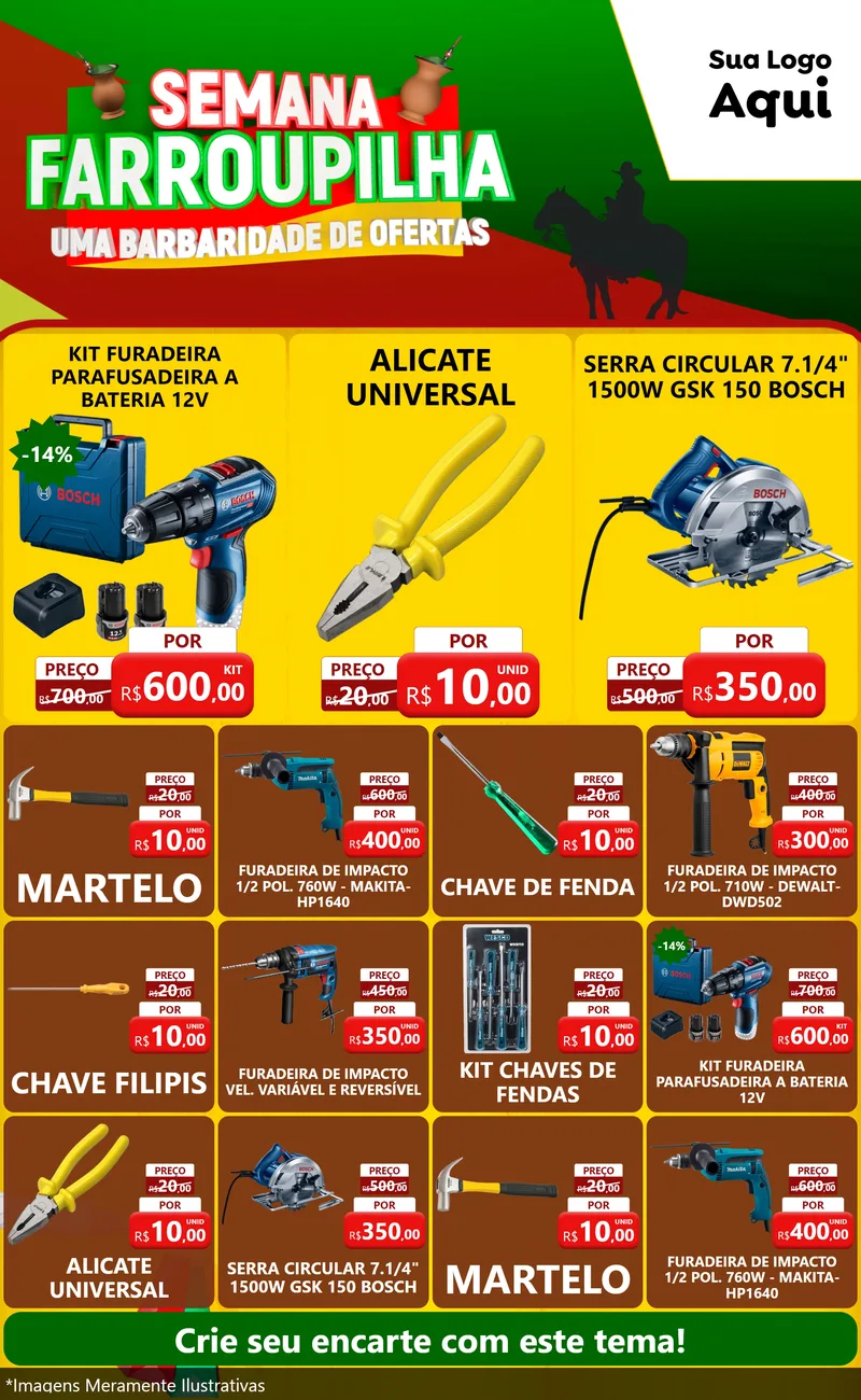 Modelo de Encarte para Encarte Grande com o tema Semana Farroupilha - Uma Barbaridade de Ofertas para Maquinas e Ferramentas
