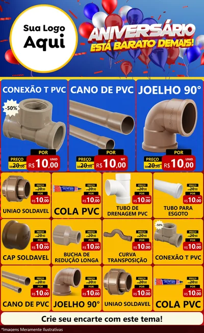 Modelo de Encarte para Encarte Grande com o tema Aniversário para Tubos e conexões