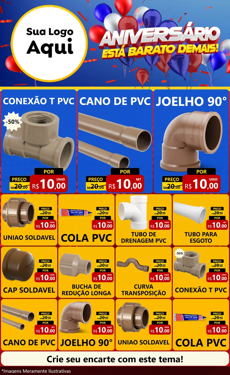 Modelo de Encarte para Encarte Grande com o tema Aniversário para Tubos e conexões
