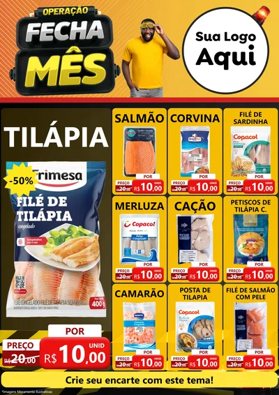 Modelo de Encarte para Encarte A4 Vertical com o tema Operação Fecha Mês para Peixaria