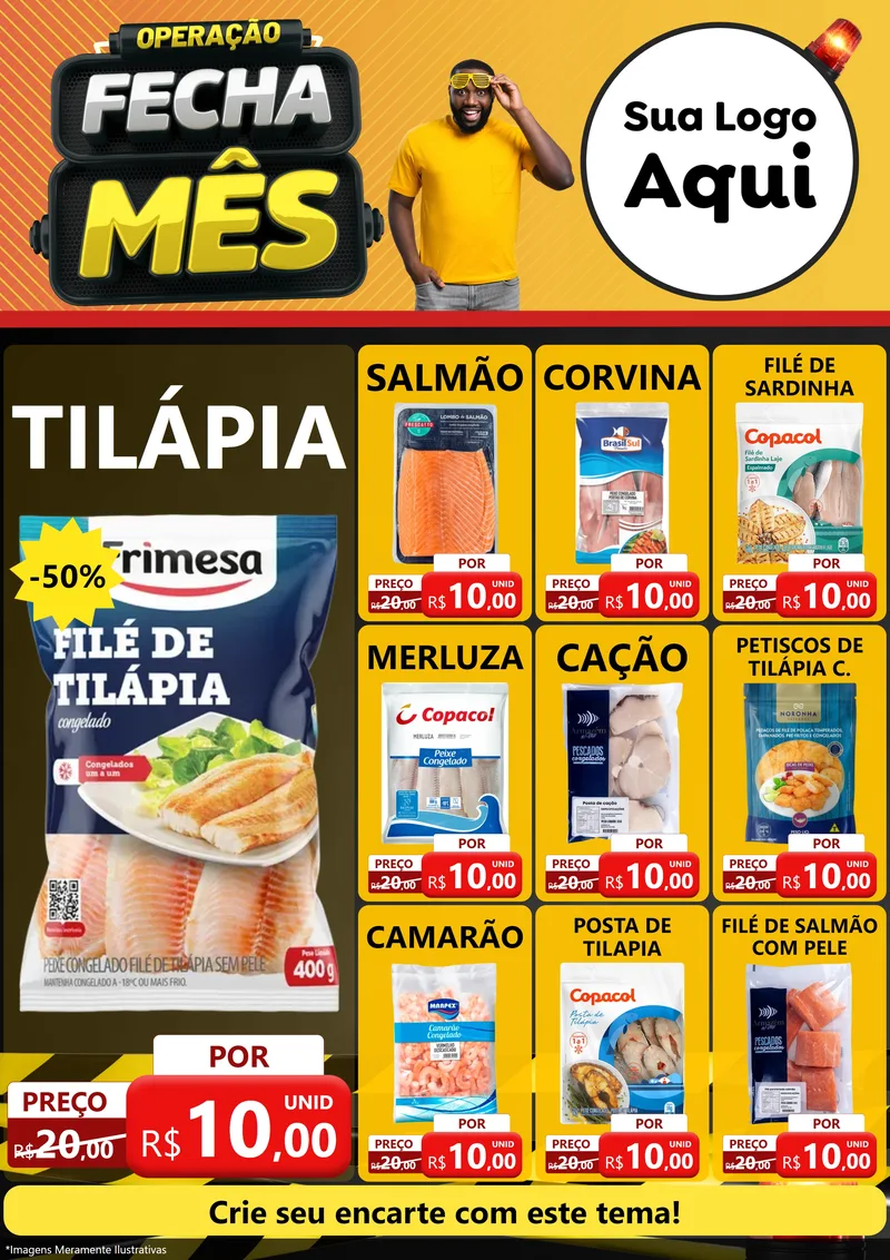 Modelo de Encarte para Encarte A4 Vertical com o tema Operação Fecha Mês para Peixaria