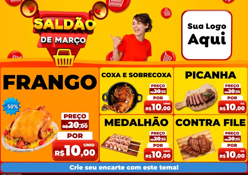 Modelo de Encarte para Encarte A4 Horizontal com o tema Saldão de Março para Assados