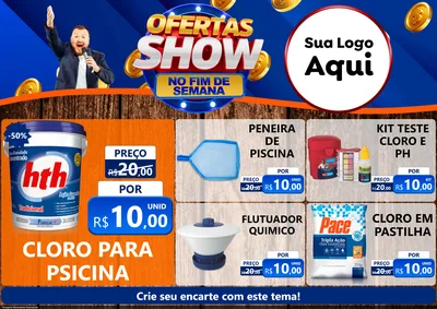 Modelo de Encarte para Encarte A4 Horizontal com o tema Ofertas Show No Fim De Semana para Produtos para Piscina