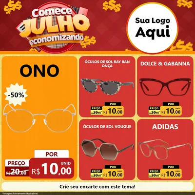 Modelo de Rede Social para Feed Facebook com o tema Comece Julho Economizando para Óticas