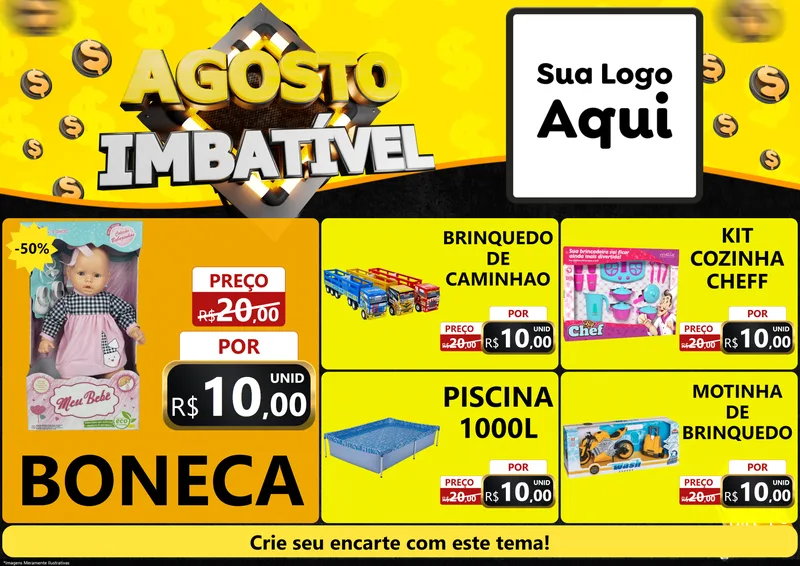 Modelo de Encarte para Encarte A4 Horizontal com o tema Agosto Imbatível para Brinquedos