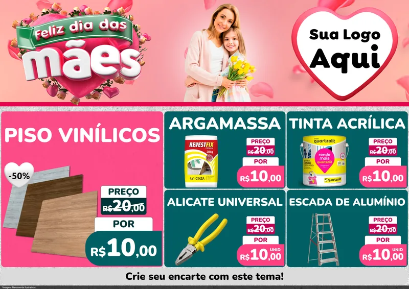 Modelo de Encarte para Encarte A4 Horizontal com o tema Feliz Dia das Mães para Material para Construção