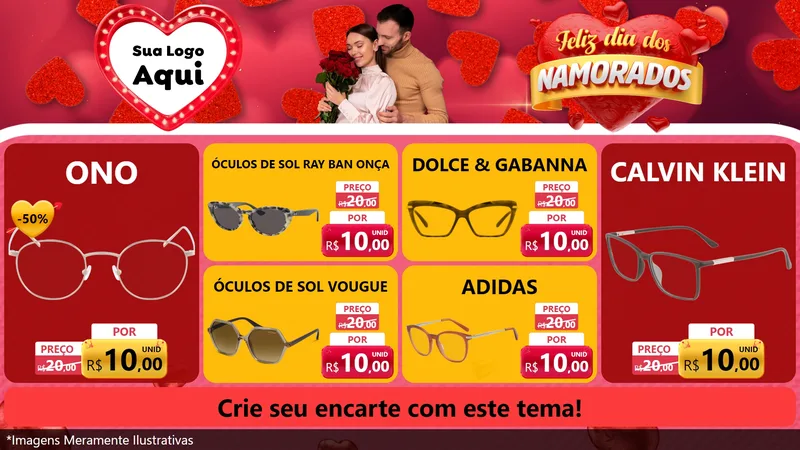 Modelo de TV para TV Horizontal com o tema Feliz Dia Dos Namorados para Óticas