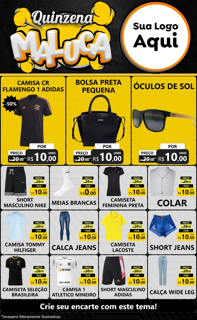 Modelo de Encarte para Encarte Grande com o tema Quinzena Maluca para Roupas e acessórios