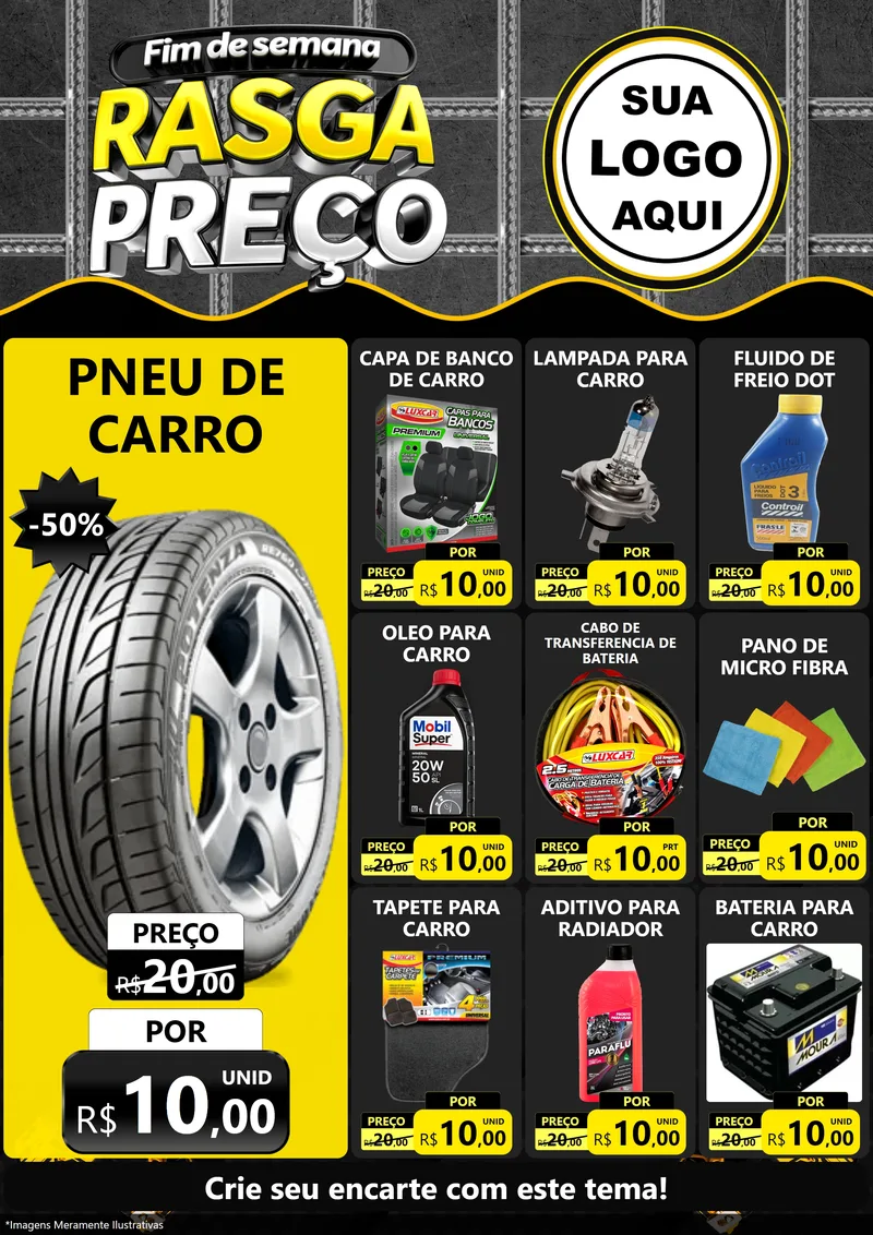 Modelo de Encarte para Encarte A4 Vertical com o tema Fim de Semana Rasga Preço para Auto peças