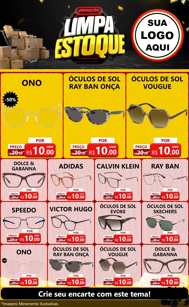 Modelo de Encarte para Encarte Grande com o tema Operação Limpa Estoque para Óticas